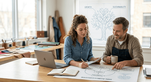 Small business team collaborating at a desk